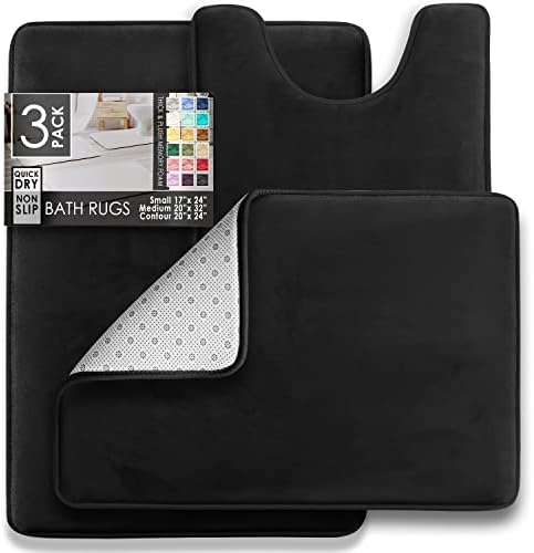 Clara Clark 3 Piece Bathroom Rugs Bath Mat Set, Velvet Memory Foam Bath Mats for Bathroom - Non-Slip, PVC Backing Bath Rugs, Washable - Dries Quickly, Black