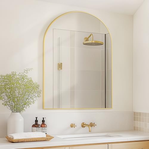 Arched Bathroom Mirror for Wall, 36" x 24" Metal Frame Vanity Mirror, Gold
