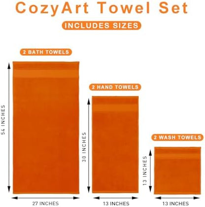 COZYART Bath Towel Set 6 PCS, Orange Luxury 100% Turkish Cotton 650GSM