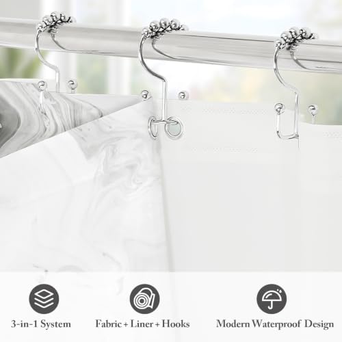3 in 1 Grey Marble Shower Curtain Set with PEVA Liner & 12 Hooks, 72 x 72
