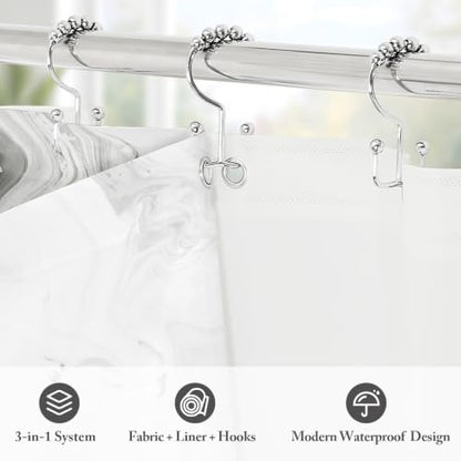 3 in 1 Grey Marble Shower Curtain Set with PEVA Liner & 12 Hooks, 72 x 72