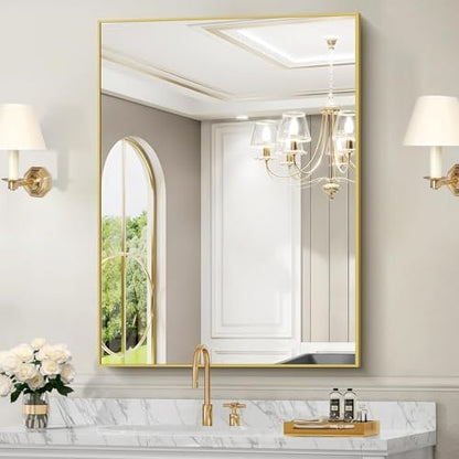 COFENY 30x40In Gold Bathroom Mirror for Wall, Brushed Gold Rectangle Mirrors with Metal Frame, Bathroom Rectangular Mirror Modern Wall Mirror for Bedroom Living Room, Hangs Horizontal or Vertical