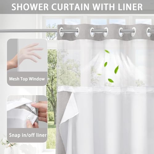No Hook Shower Curtain with Liner Set Hotel Waffle Light Grey 72W X 87L