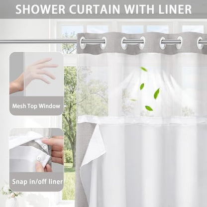 No Hook Shower Curtain with Liner Set Hotel Waffle Light Grey 72W X 87L