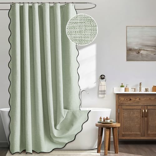 MIULEE Sage Green Scalloped Linen Shower Curtain 72x72 Inches