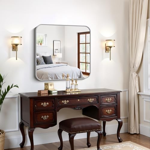 FORBATH 30x30 Inch Silver Bathroom Mirror for Over Sink, Large Square Wall Mirror with Metal Frame, Rounded Corners for Bathroom, Bedroom, Entryway Decor (Horizontal or Vertical)