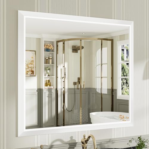 Briivue Bathroom Wall Mirror, White Metal Frame, 40x36 Inch