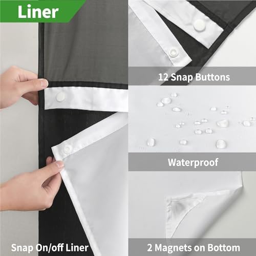 eachope No Hooks Needed Linen Textured Shower Curtain with Snap-in Fabric Liner Set,Black Hotel Luxury Decor Shower Curtains for Bathroom with Mesh Top Window,Waterproof & Washable,71Wx74H