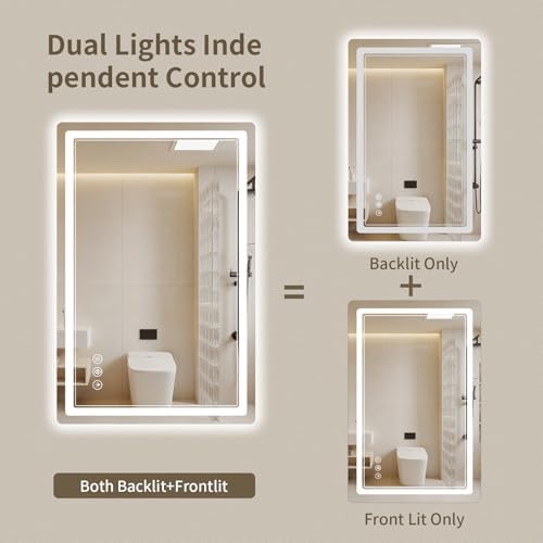 24"x32" LED Bathroom Mirror with Lights, Backlit + Front Lit, Anti-Fog, Lighted Bathroom Mirror for Wall, HD Shatterproof Tempered Glass, Dimmable, Memory Function (Horizontal/Vertical)