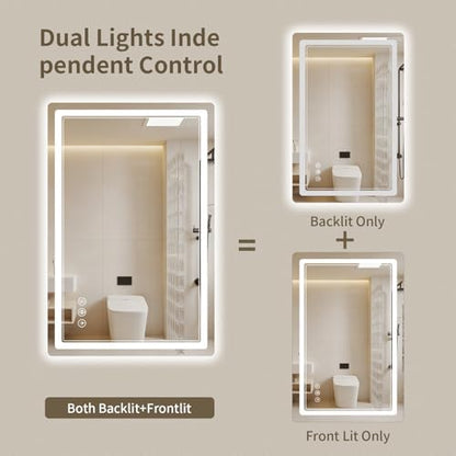24"x32" LED Bathroom Mirror with Lights, Backlit + Front Lit, Anti-Fog, Lighted Bathroom Mirror for Wall, HD Shatterproof Tempered Glass, Dimmable, Memory Function (Horizontal/Vertical)