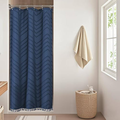 OWENIE Small Boho Stall Shower Curtain, Dusty Blue Fabric Cloth Stall Shower Curtain 36 x 72 Half Size with Tassel Tufted Chevron Striped Textured Modern Farmhouse for Bathroom, Machine Washable