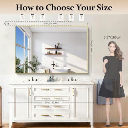 COFENY 36x55inch Bathroom Mirror, Gold Rectangle Mirror with Thin Metal Frame, Large Rectangular Wall Mirror for Bathroom, Living Room, Hair Salon, Big Farmhouse Mirror Hang Horizontal/Vertical