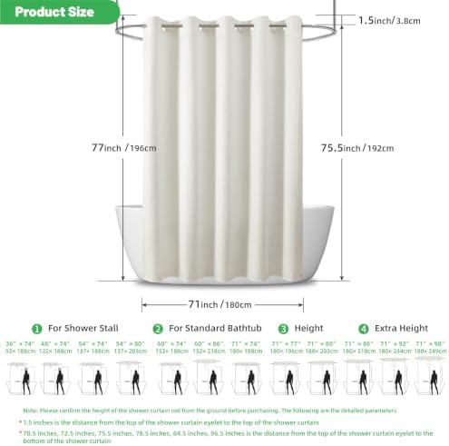 No Hook Waffle Shower Curtain, No Liner Needed Separate, 71x77 Inch, Cream