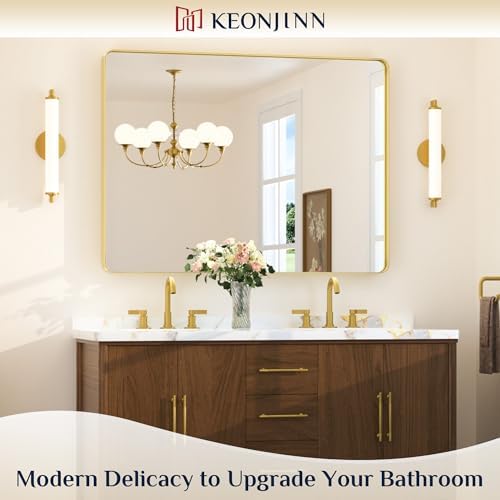Keonjinn 48 x 36 Inch Brushed Gold Bathroom Vanity Mirror, Tempered Glass