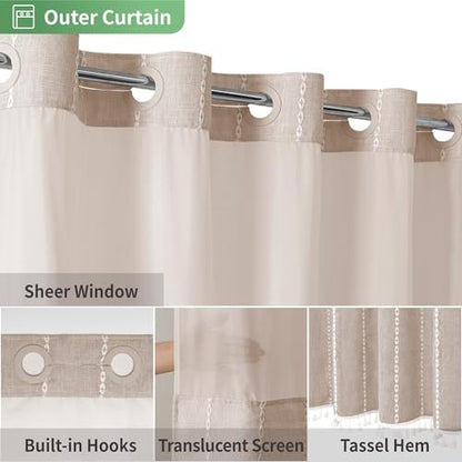 eachope Boho Farmhouse No Hook Shower Curtain Set with Snap-in Fabric Liner,Heavy-Duty Linen Textured Rustic Striped Design,Water-Repellent with Tassels and Sheer Window,Tan/Taupe,71x74