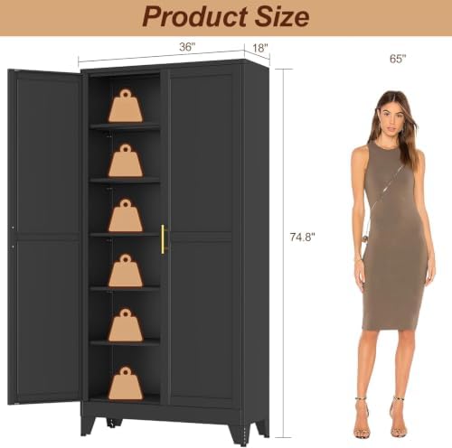 75" Black Tall Metal Storage Cabinet with 2 Doors and 5 Adjustable Shelves,Steel Garage Tool Cabinet, File Cabinet,Kitchen Pantry Cabinet for Home,Office,Garage,School,Warehouse