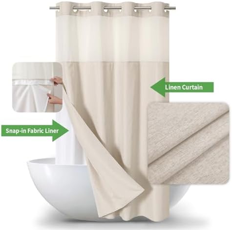 eachope No Hook Linen Texture Shower Curtain with Snap-in Liner,60x74 Cream