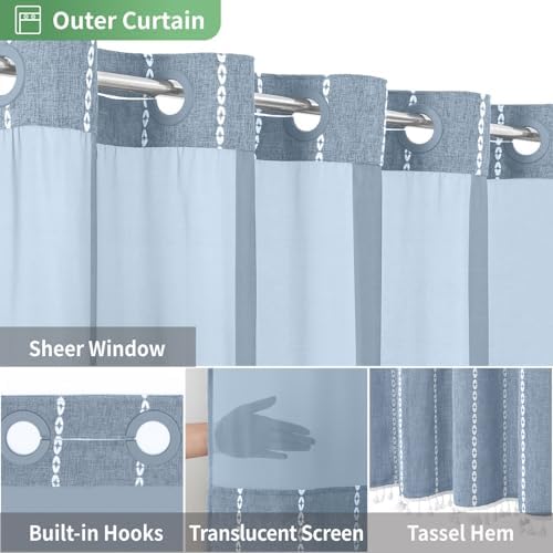 eachope Boho Farmhouse No Hook Shower Curtain Set with Snap-in Fabric Liner,Heavy-Duty Linen Textured Rustic Striped Design,Water-Repellent with Tassels and Sheer Window,Blue,71x74