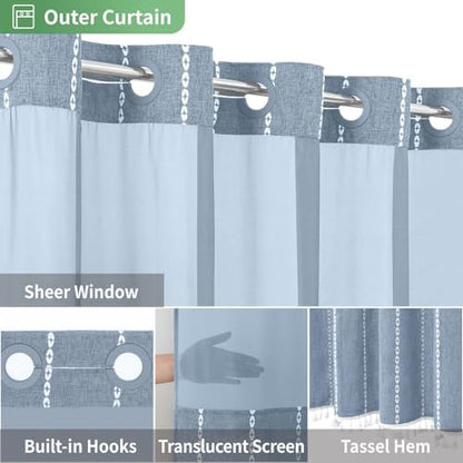 eachope Boho Farmhouse No Hook Shower Curtain Set with Snap-in Fabric Liner,Heavy-Duty Linen Textured Rustic Striped Design,Water-Repellent with Tassels and Sheer Window,Blue,71x74