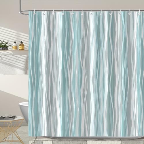 Moonslim Teal Grey Ombre Shower Curtain, Modern Wavy Abstract Striped Line Bathroom Curtain, Waterproof Fabric Bath Decor, 72 x 78 Inch