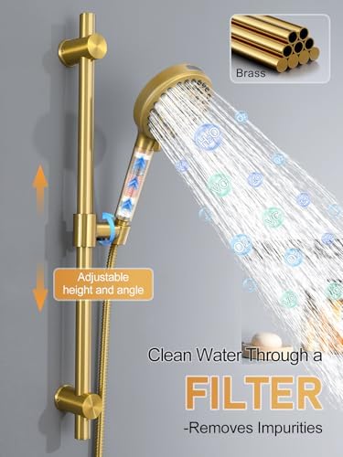 Woindo Shower Faucet Set with Slide Bar, 12" Rain Shower Head/8'' Side Shower Head and 10 Setting Handheld Ceiling Mount 3 Push Button Diverter Complete Rainfall Shower System Included Valve Trim Kit
