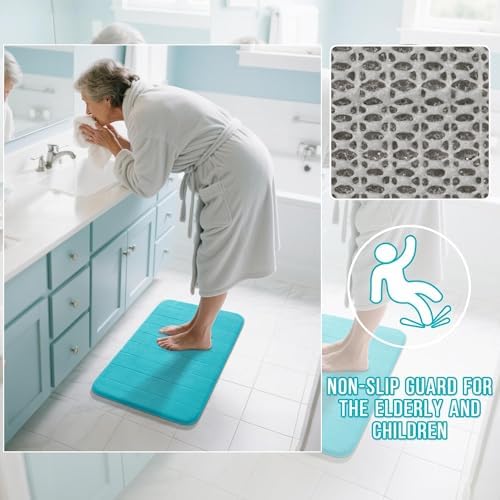 Yimobra Memory Foam Bath Mat, Super Soft Absorbent Bathroom Rug Non Slip 31.5x20 Inch, Quick Dry, Machine Washable Floor Carpet for Tub Shower, Home Decor Accessories, Lake Blue
