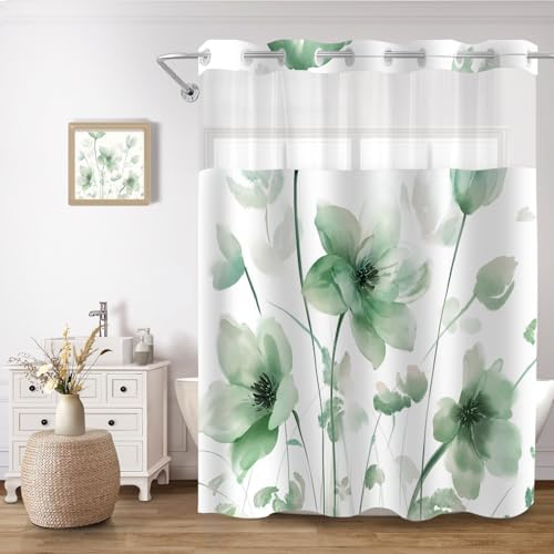 No Hook Shower Curtain and Liner Set, Green Boho Floral 71x74