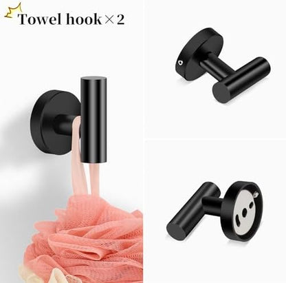4 Piece Matte Black Stainless Steel Bathroom Hardware Set Include Hand Towel Ring, Toilet Paper Holder,and 2 Robe Towel Hooks,Bathroom Accessories Kit