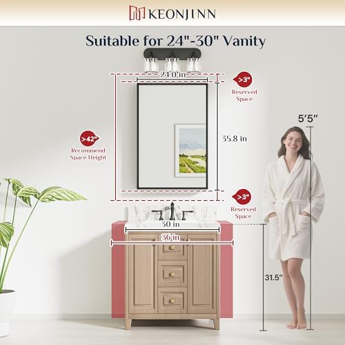 Keonjinn 24" x 36" Black Bathroom Mirrors for Wall, Anti Rust Metal Frame