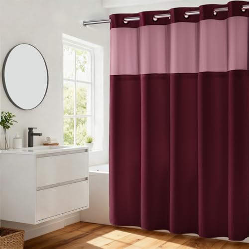 River Dream Waffle No Hook Shower Curtain with Liner,Red Rio,71x74