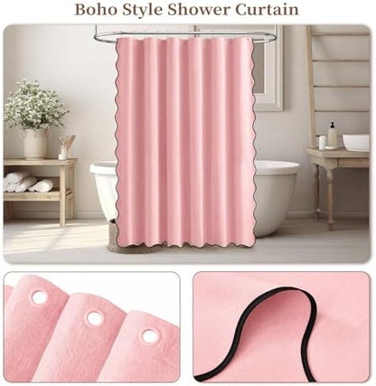 BTTN Boho Scalloped Linen Textured Cloth Shower Curtain Set, 72x84, Pink