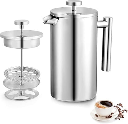 Miuly 34oz French Press Coffee Maker Stainless Steel Insulated Coffee Press Stainless Steel French Press 1 Liter (1000ML, Sliver)