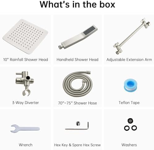 G-Promise All Metal 10" Dual Square Shower Head Combo | Rain Shower Head | Handheld Shower Wand | Adjustable | 3-Way Diverter | 71" Extra Long Hose - A Bathroom Upgrade(Brushed Nickel)
