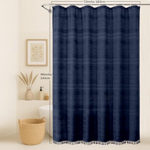 OVZME Extra Long Navy Blue Shower Curtain 96 Inch Long, Boho Linen Textured Soft Fabric Heavy Duty Cloth Bathroom Shower Curtain with Tassel, Tall Farmhouse Luxury Bath Decor, 72Wx96L Inches