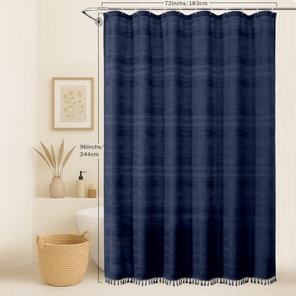 OVZME Extra Long Navy Blue Shower Curtain 96 Inch Long, Boho Linen Textured Soft Fabric Heavy Duty Cloth Bathroom Shower Curtain with Tassel, Tall Farmhouse Luxury Bath Decor, 72Wx96L Inches