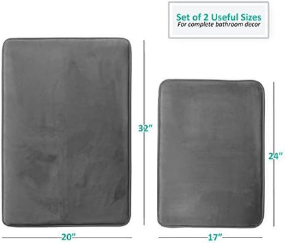 Clara Clark 2 Piece Bathroom Rugs Bath Mat Set, Velvet Memory Foam Bath Mats for Bathroom - Non-Slip, PVC Backing Bath Rugs, Washable - Dries Quickly, Grey