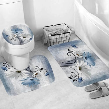 Onalasyc 4PCS Blue Daisy Floral Bathroom Sets with Shower Curtain and Rugs