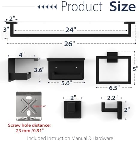 5-Piece Matte Black Bathroom Towel Bar Set,24" Bathroom Hardware Kit