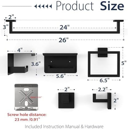 5-Piece Matte Black Bathroom Towel Bar Set,24" Bathroom Hardware Kit