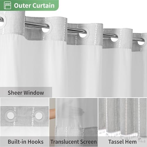 eachope No Hook Long Shower Curtain Set with Snap-in Fabric Liner,Linen Ultra Thick Fabric with Tassels,Boho Chic Modern Farmhouse Country Neutral Cloth Shower Curtains for Bathroom,Grey/Gray,71x80
