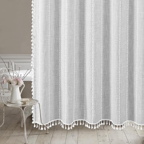 Farmhouse Tassel Linen Shower Curtain,3D Embroidery Stripe Light Grey,72x72