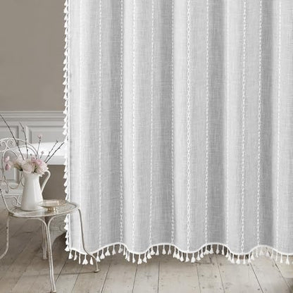 Farmhouse Tassel Linen Shower Curtain,3D Embroidery Stripe Light Grey,72x72