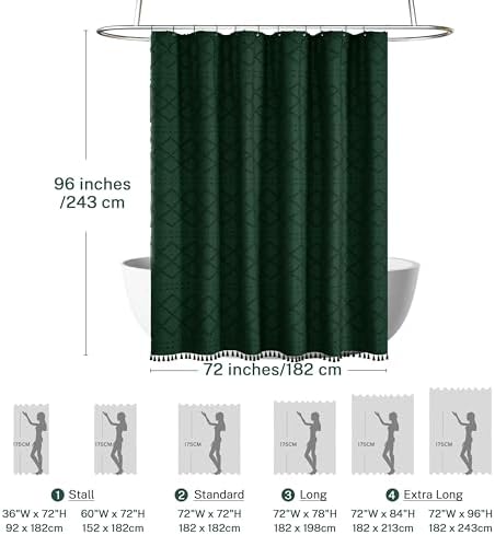 Siiluminisoy Extra Long Dark Green Boho Woven Fabric Cute 96 Inch Shower Curtain, 72 x 96 Tufted Chevron Textured Striped Modern Farmhouse Minimalist Cloth Shower Curtain for Bathroom