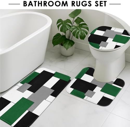 Bathroom Sets with Shower Curtain and Rugs, 4 Pcs, Geometric Green