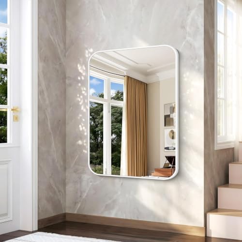 BONEWEI White Bathroom Mirror,55x36 inch Wall Mirror for Bathroom Wall Mounted,Rectangle Mirror for Bathroom Over Sink,Modern Frame Round Corner for Living Room,Bedroom Entryway,Horizontal/Vertical