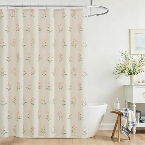 ORTIGIA Linen Shower Curtain Farmhouse Vintage Pink Green Floral Shower Curtains Boho Rustic Block Print Cottagecore Decor for Bathroom 72 W x 72 L