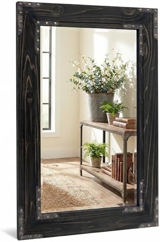 Rustic Black 24x36 Inch Wood Bathroom Vanity Mirror, Rivets