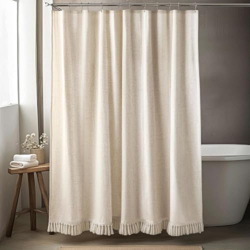 Linen Shower Curtain Boho Beige Shower Curtain with Tassels 60"W x 72"L