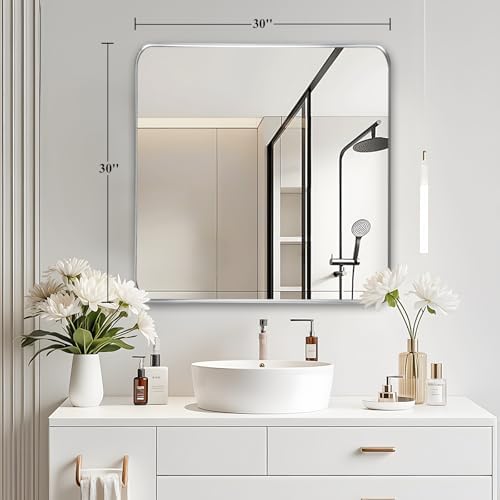 Silver Bathroom Vanity Mirror Over Sink 28x28, Wall Square Mirror, Chrome