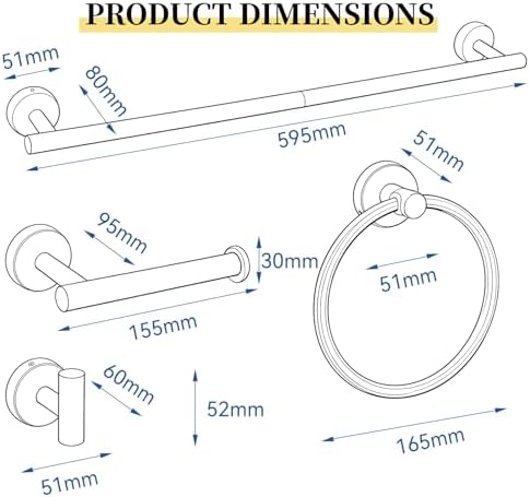 HOMOTEK 4 Pieces Bathroom Accessories Hardware Set, 24 inch Towel Bar, Towel Ring, Robe Hook, Toilet Paper Holder, Stainless Steel Rack Kit Wall Mounted, Brushed Stainless Steel